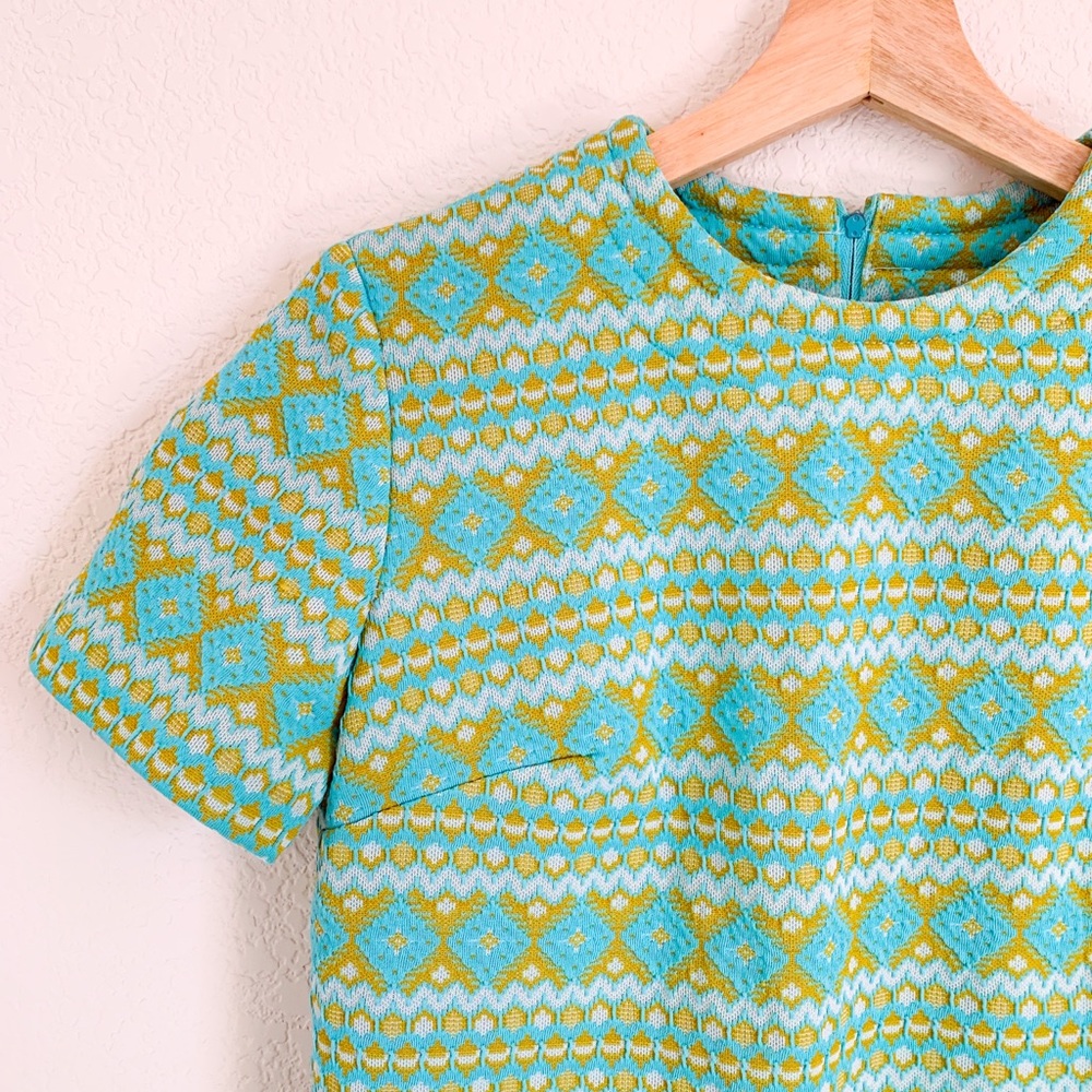 70s VINTAGE Turquoise and Chartreuse Dress Sz 8
